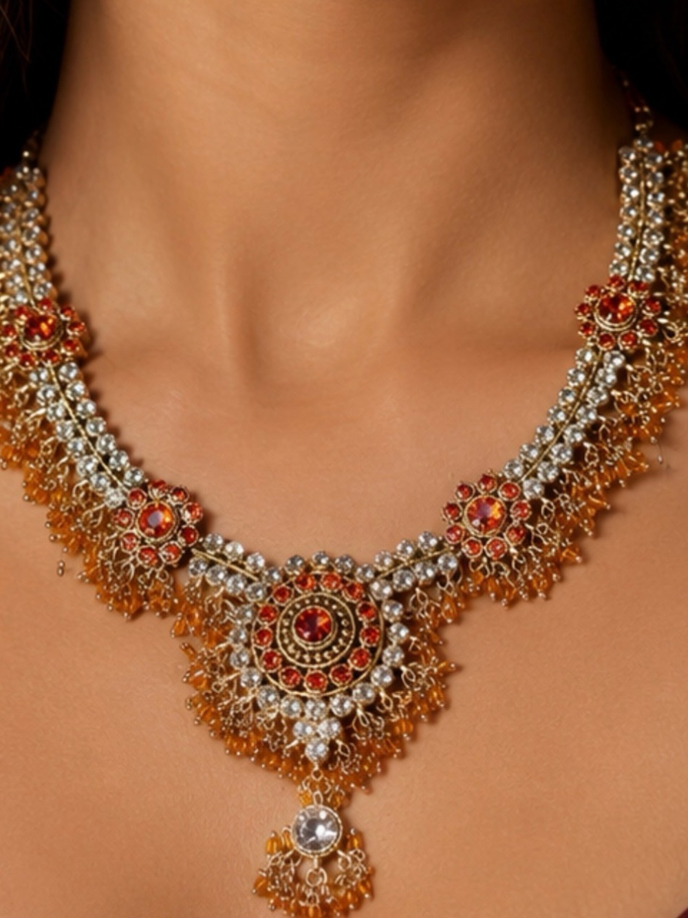 Ethnic Indian Wear Red and Gold Bridal Necklace with Amber Accents